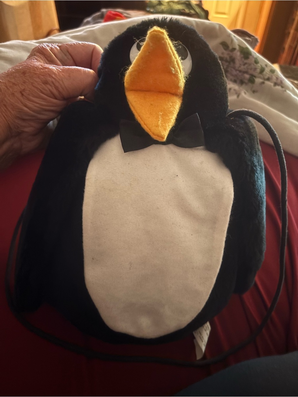 Vintage Plush Penguin HanMuff Crossbody Bag with Bow Tie - Black, White & Yellow